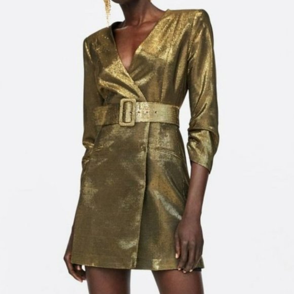 HOT ITEM BELTED BLAZER DRESS in METALLIC GOLD HOT ITEM BELTED BLAZER DRESS in METALLIC GOLD